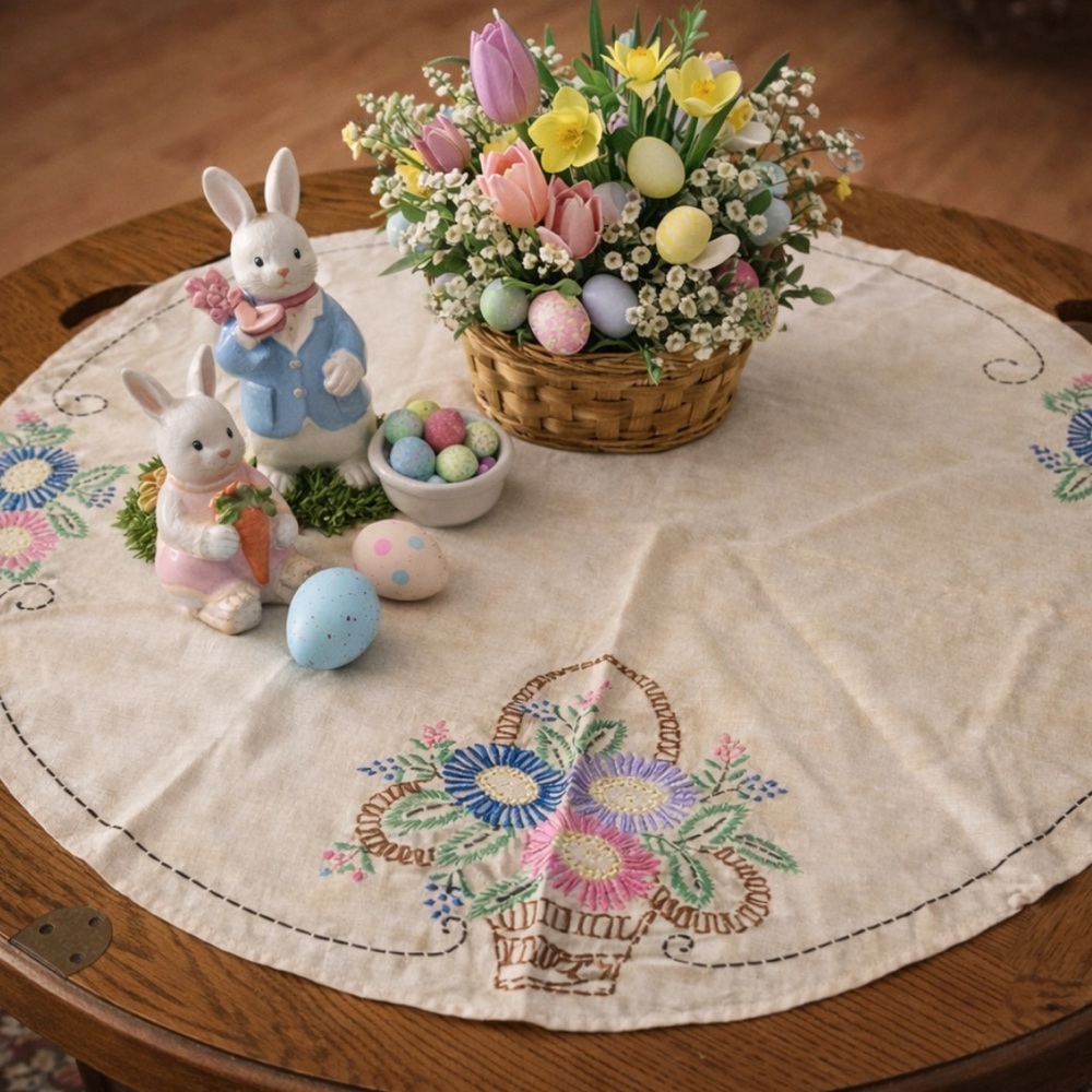 Vintage Embroidered Round Tablecloth or Doily